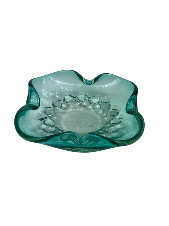 unmarked Other - Vintage Hand Blown Turquoise Glass Bowl w/ Ruffled Edge & Textured Floral Design